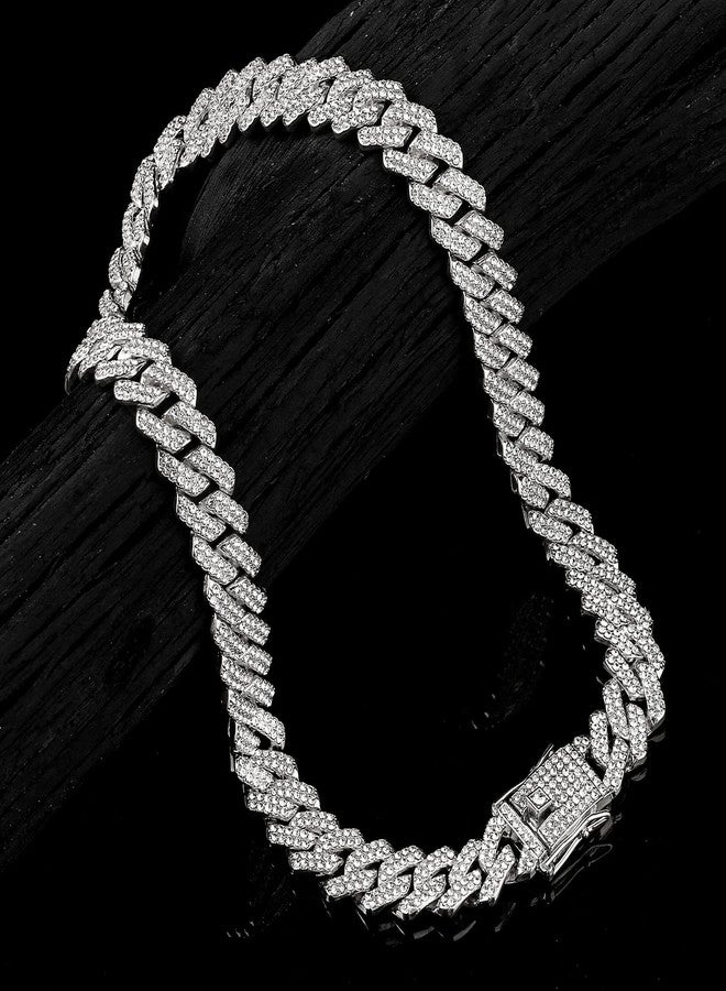 JUNVirtuous Cuban Link Chain Mens Iced Out Miami Cuban Necklace Silver/Gold Bling Diamond Hip Hop Jewelry for Women (18 inch Silver Necklace) - Image 5